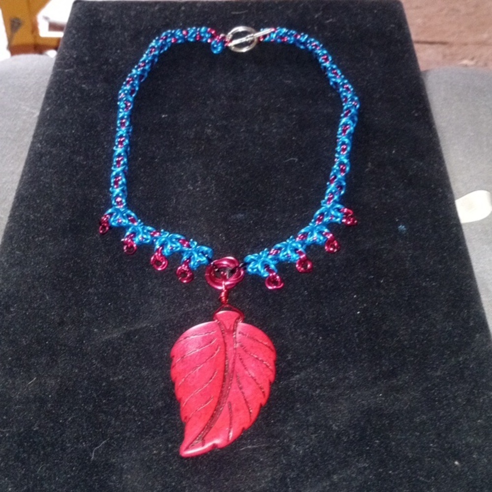 Red and Blue Leaf Pendant Necklace